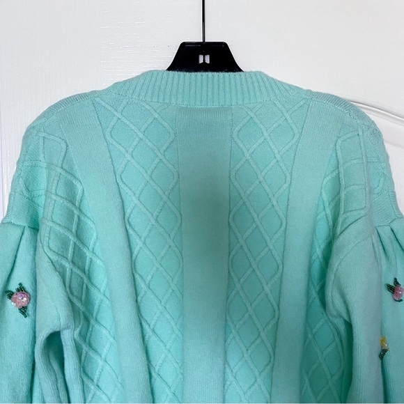 FLL Sweater Sutton Cardigan Cropped Sequin Floral Knit Puff-Sleeve Mint M NWT - Picture 6 of 9